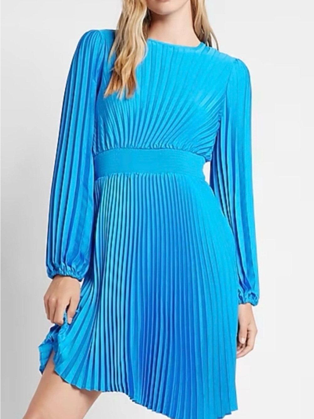 Express Bright Blue Asymmetrical Pleated Long-Sleeve Dress